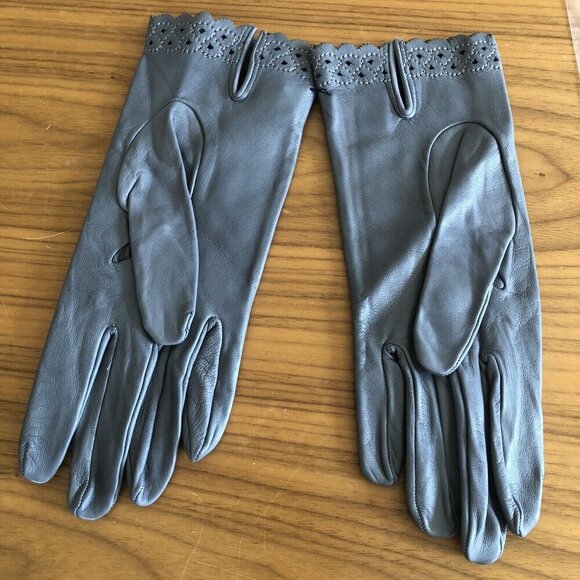 Luciano Firenze Gray Leather Gloves Etched Border Made in Italy Luxury Quality - Picture 6 of 9